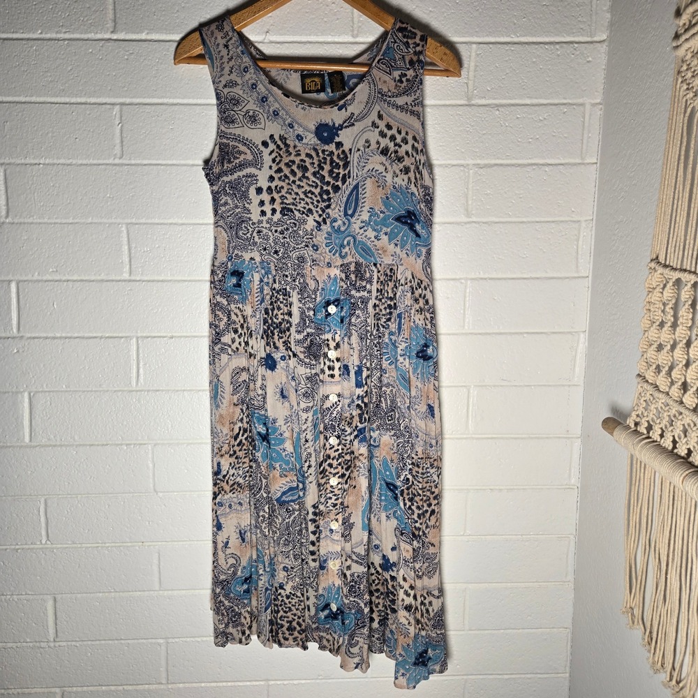 Vtg Bila Paisley Leopard Print Midi Dress Medium Rayon‎ Boho Animal Boho Hippie